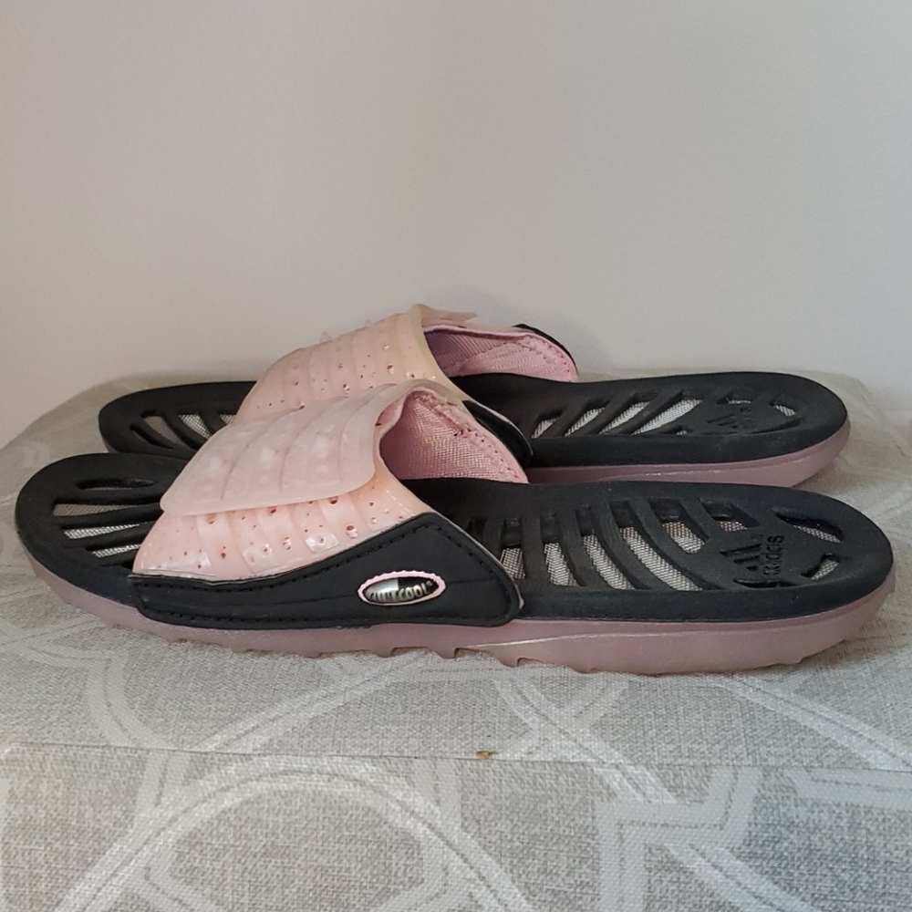 Pink and Black Adidas Slides